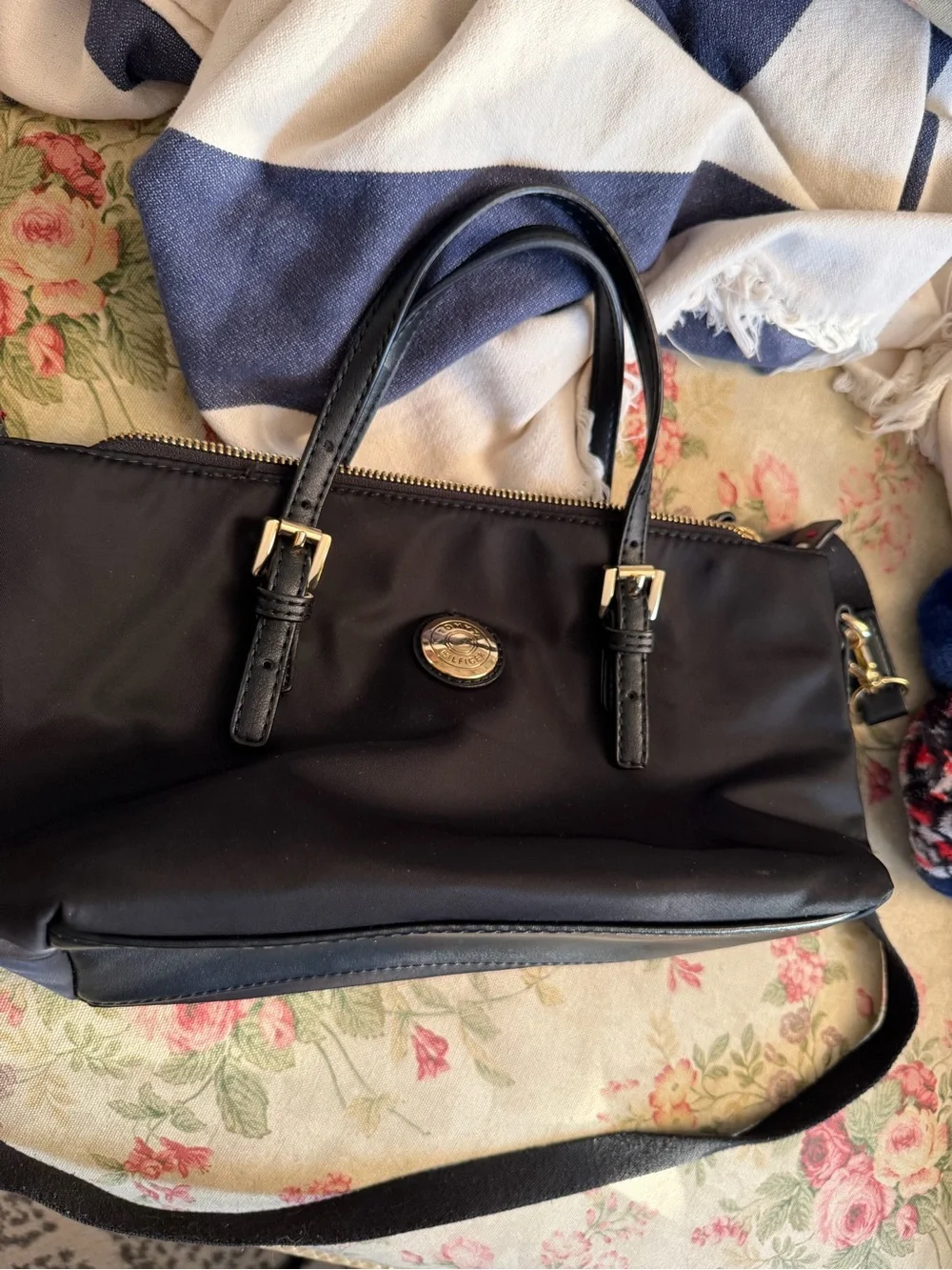 Tommy Hilfiger Black Satchel with Gold-Tone Medallion